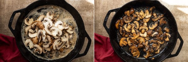 two pictures showing cooking the mushrooms.