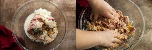 two pictures showing mixing the meatball ingredients.