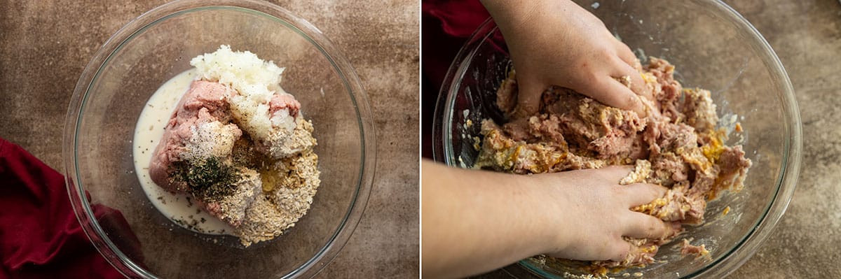 two pictures showing mixing the meatball ingredients. 