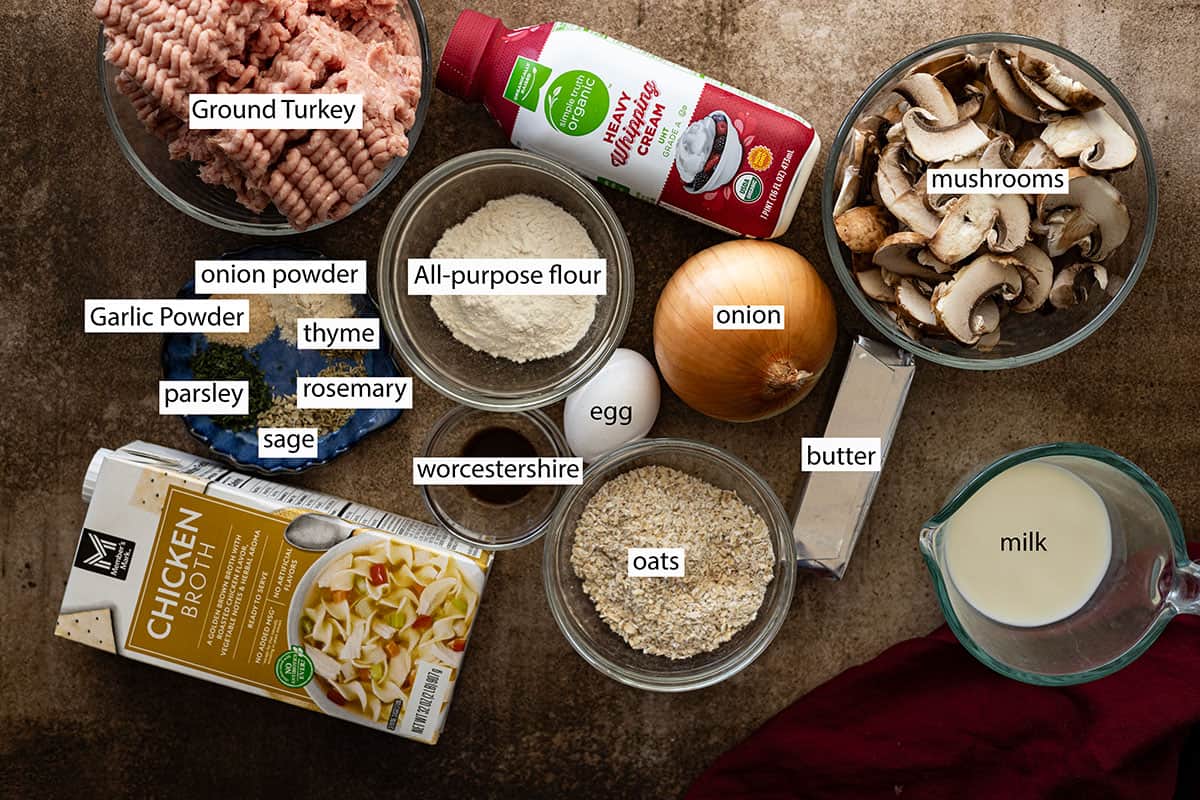 ingredients: ground turkey, onion, flour, seasonings, broth, oats, egg, worcestershire, milk, mushrooms, and butter.