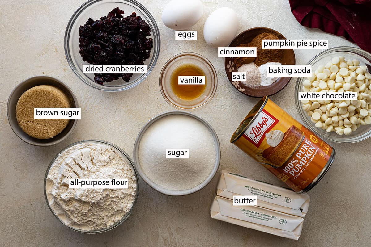 ingredients: dried cranberries, eggs, vanilla, spices, white chocolate chips, pumpkin puree, butter, sugar, brown sugar, and flour.
