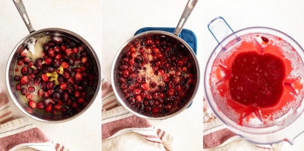 three pictures showing cooking and puree the curd.