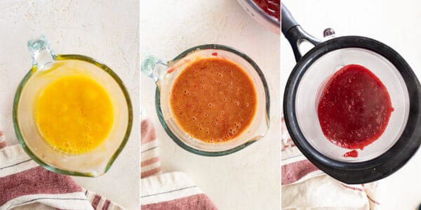 three pictures showing tempering the eggs and straining the curd.