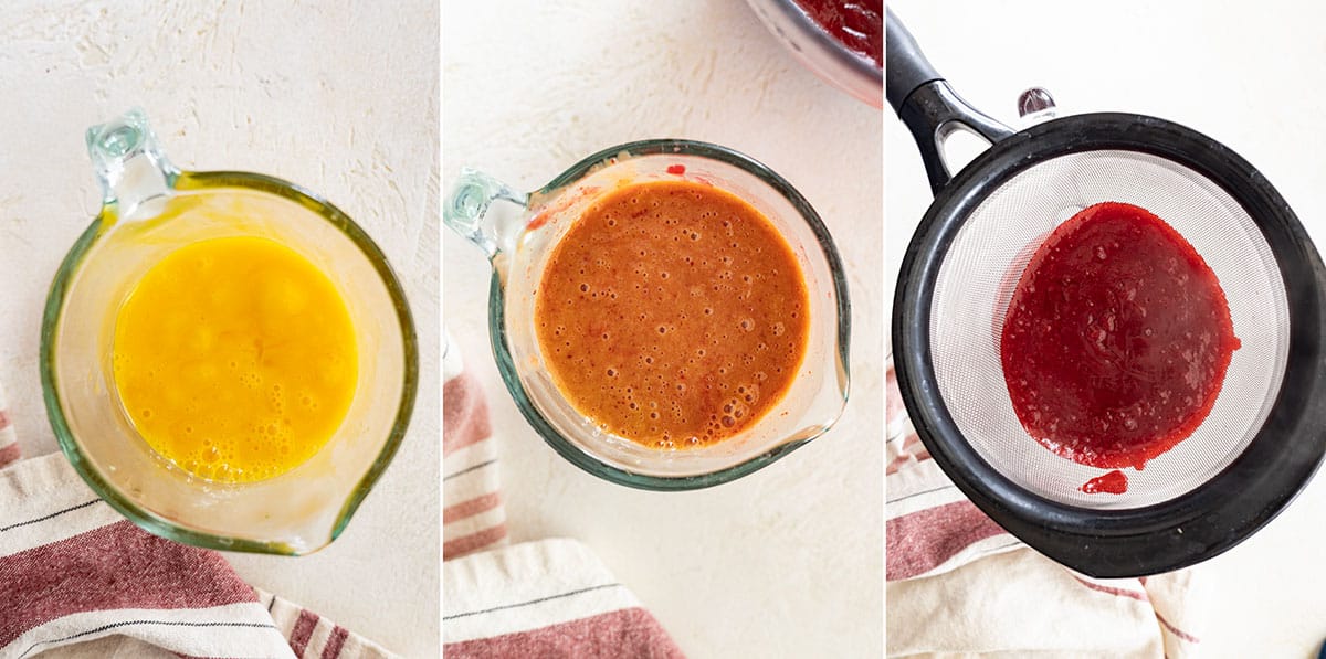 three pictures showing tempering the eggs and straining the curd. 