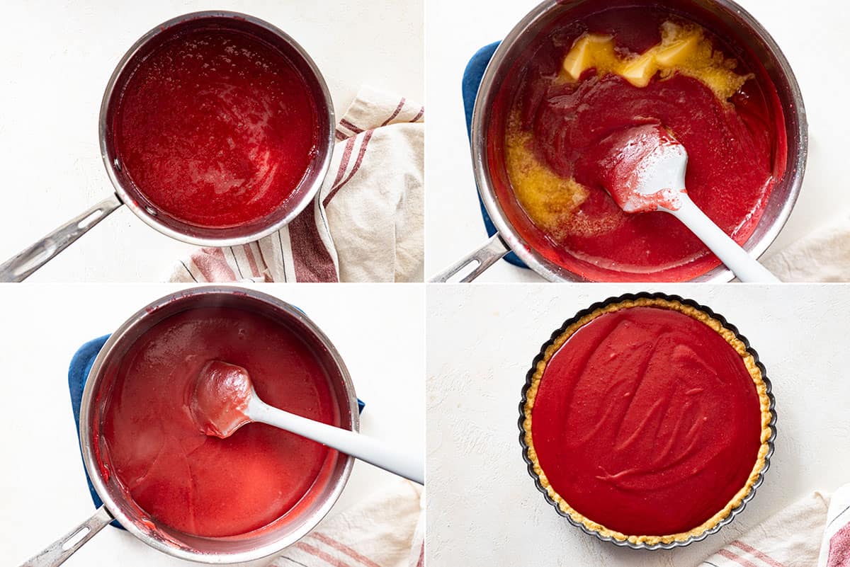 four pictures showing finishing cooking the curd.