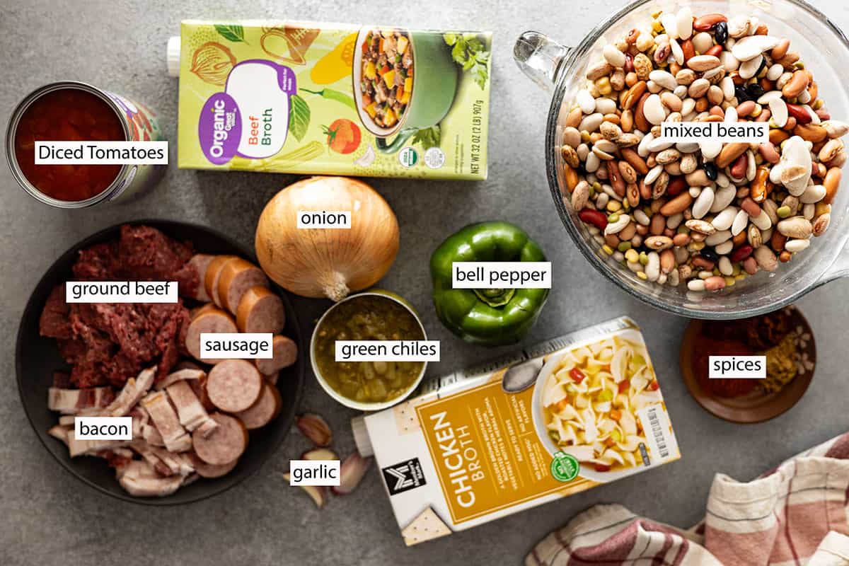 ingredients: bean mix, beef and chicken broth, spices, bell pepper, onion, garlic, green chiles, diced tomatoes, ground beef, bacon, and sausage.
