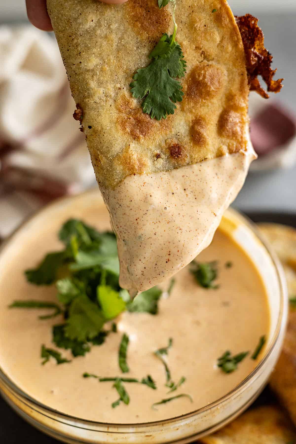 A taco dipping into the sauce.