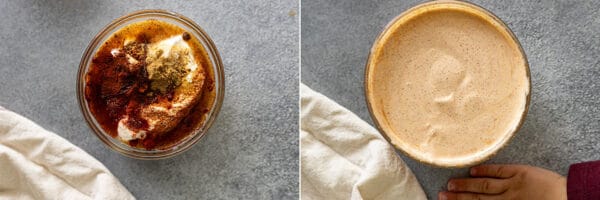 Showing a bowl with all the ingredients and another with it all mixed up.