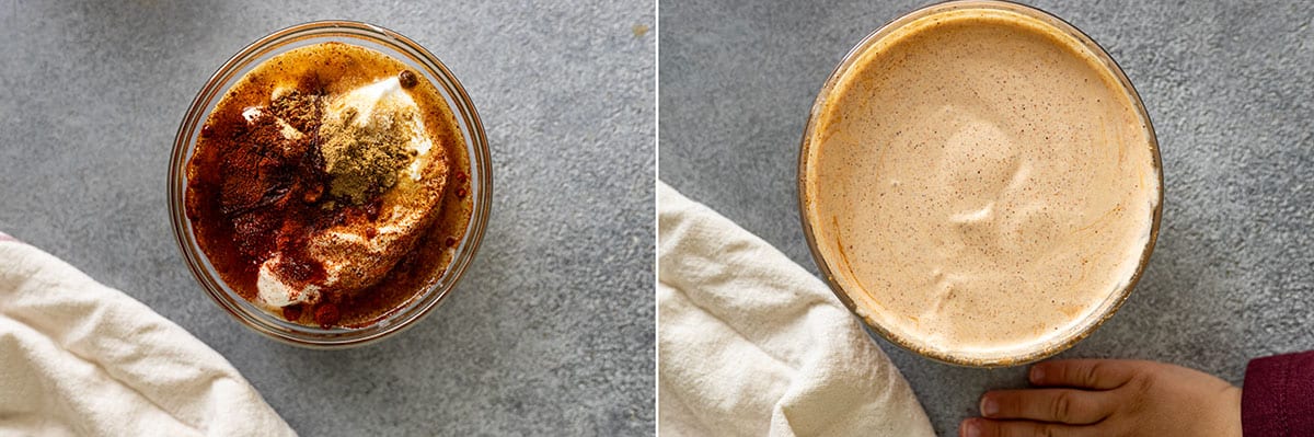 Showing a bowl with all the ingredients and another with it all mixed up.