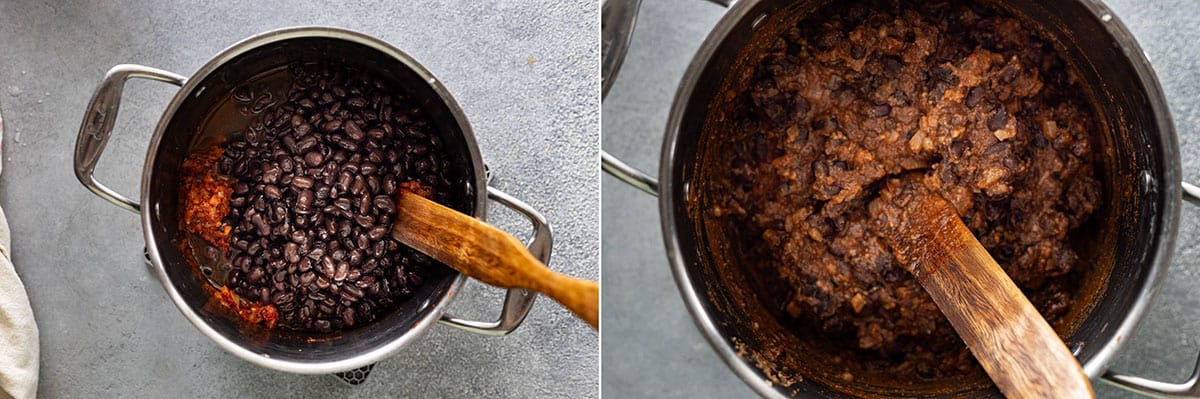 Two pictures showing adding in the beans and after they are mashed.