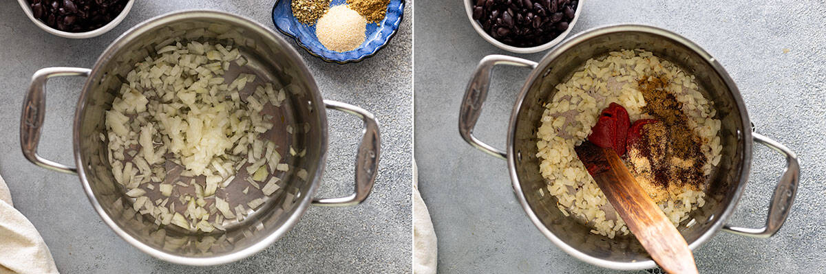 Two pictures showing cooking the onion then blooming the spices.
