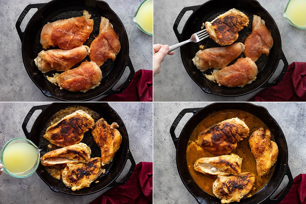 Four pictures showing how to make shredded chicken on the stovetop.