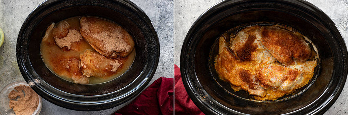 Two pictures showing how to make shredded chicken in a slow cooker.