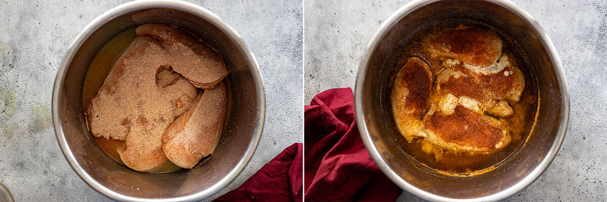 Two pictures showing how to make shredded chicken in the instant pot.