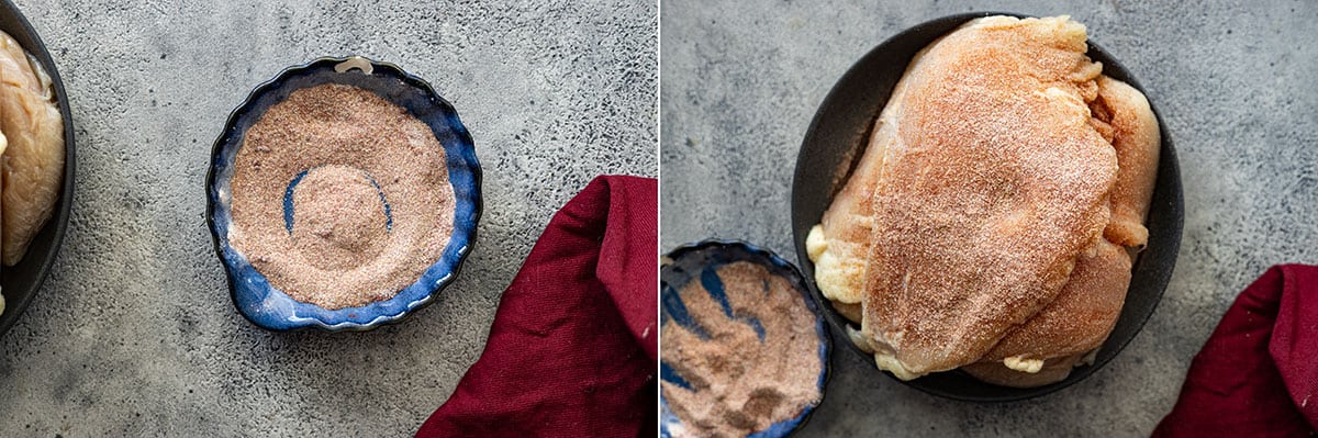 Two pictures showing how to mix up the seasoning and putting it on the chicken.
