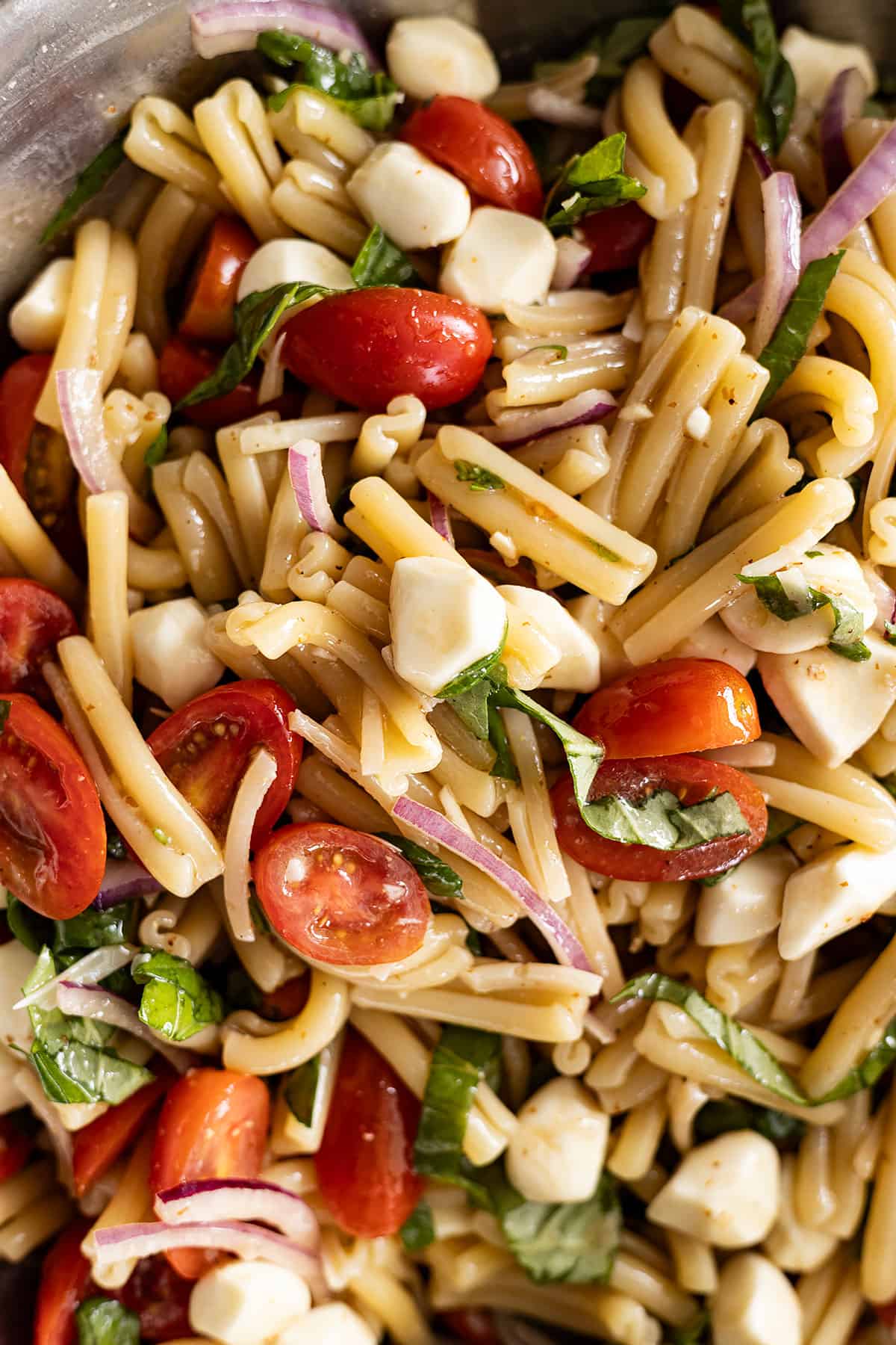 Close up of the bruschetta pasta salad