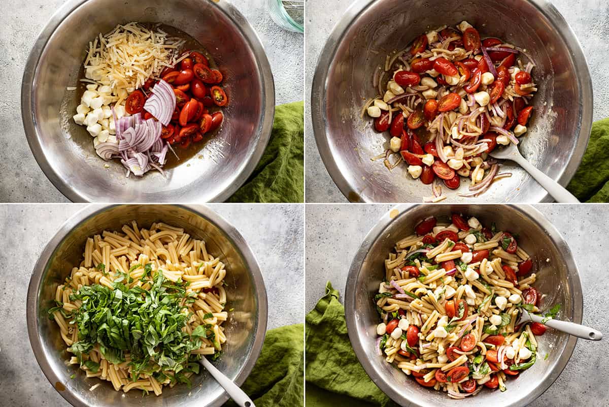 Four pictures showing how to finish the pasta salad.