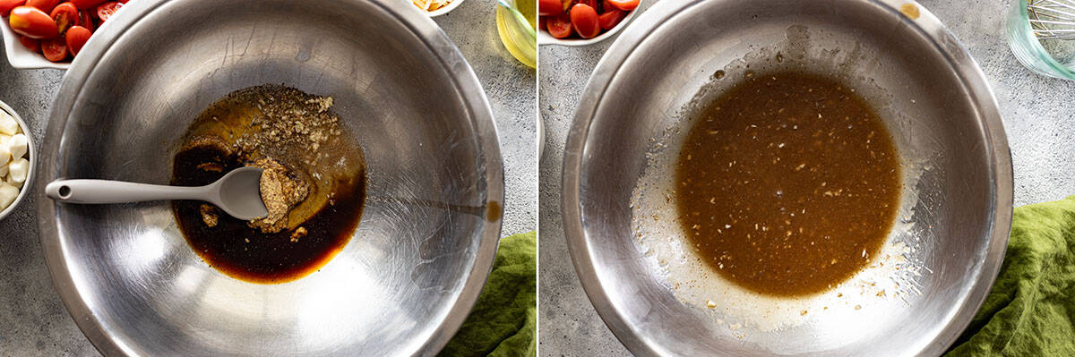 Two pictures showing how to make the dressing.