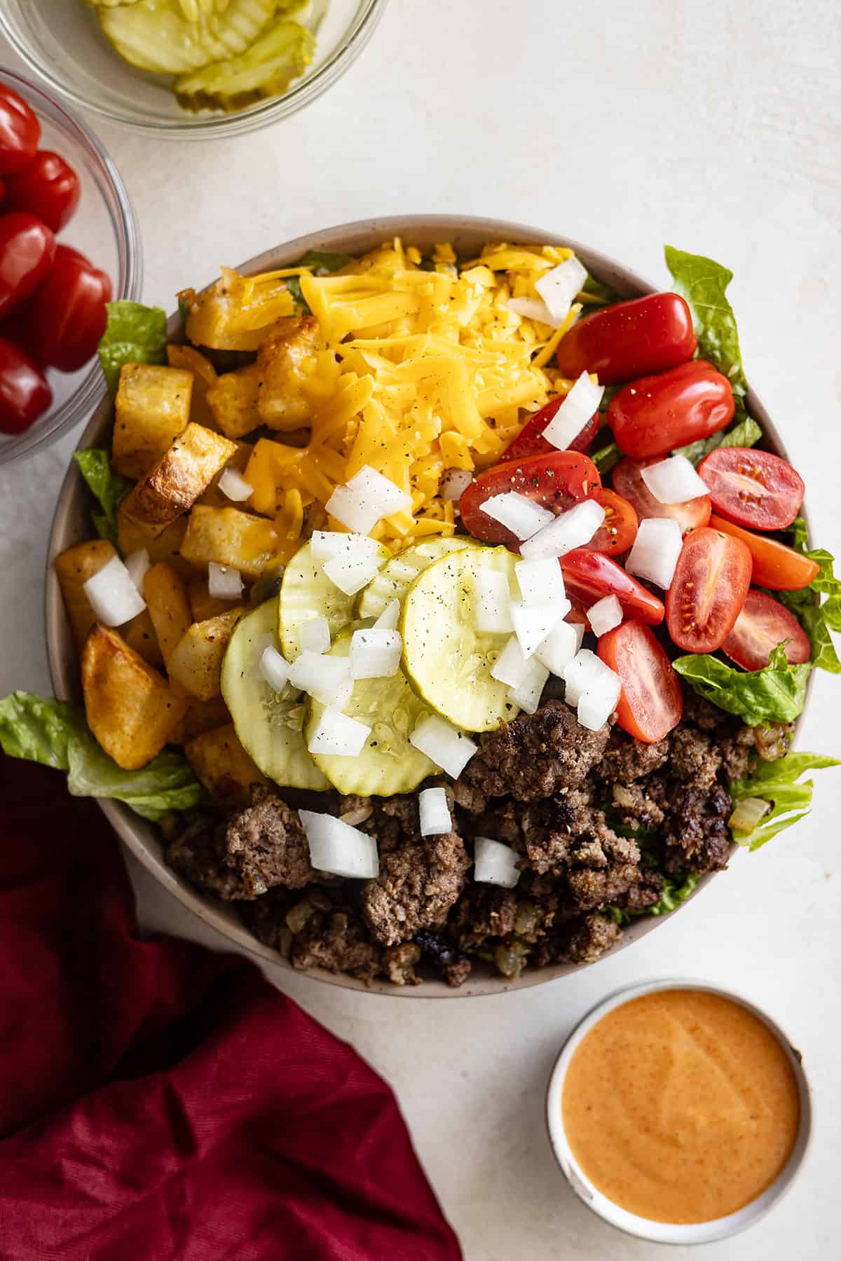 Overhead view of assembled burger bowl.