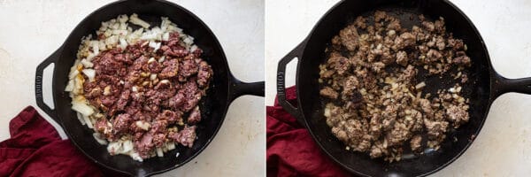Two pictures showing how to make the ground beef for the bowls.