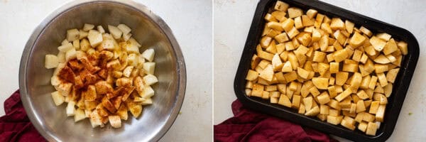 Two pictures of roasting the potatoes.