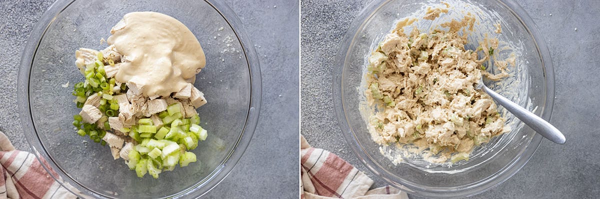 Two pictures showing how to mix up the chicken salad.