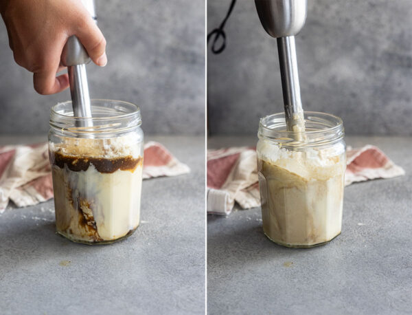 Two pictures showing how to mix the dressing.