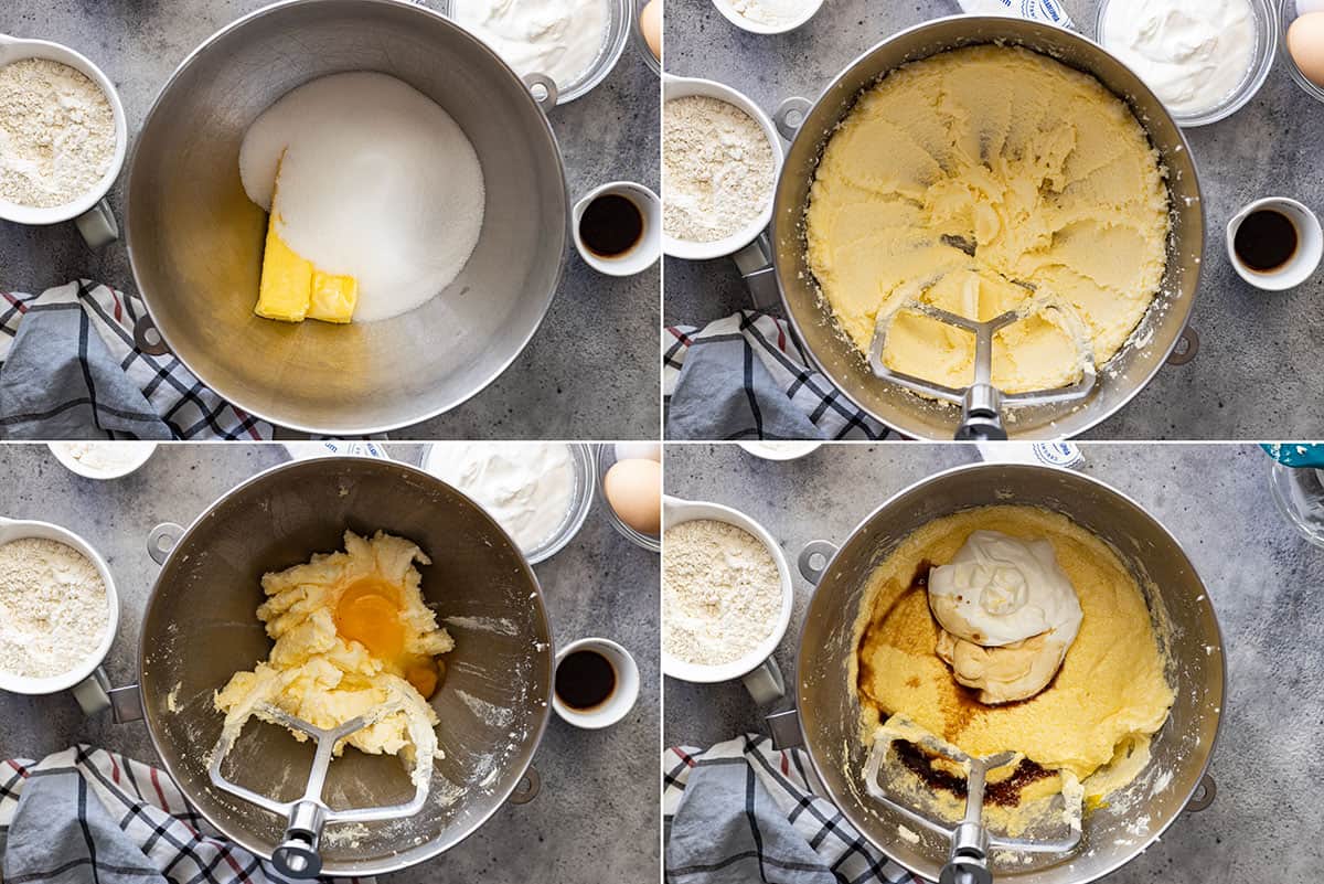 Four pictures showing how to make the cake batter.