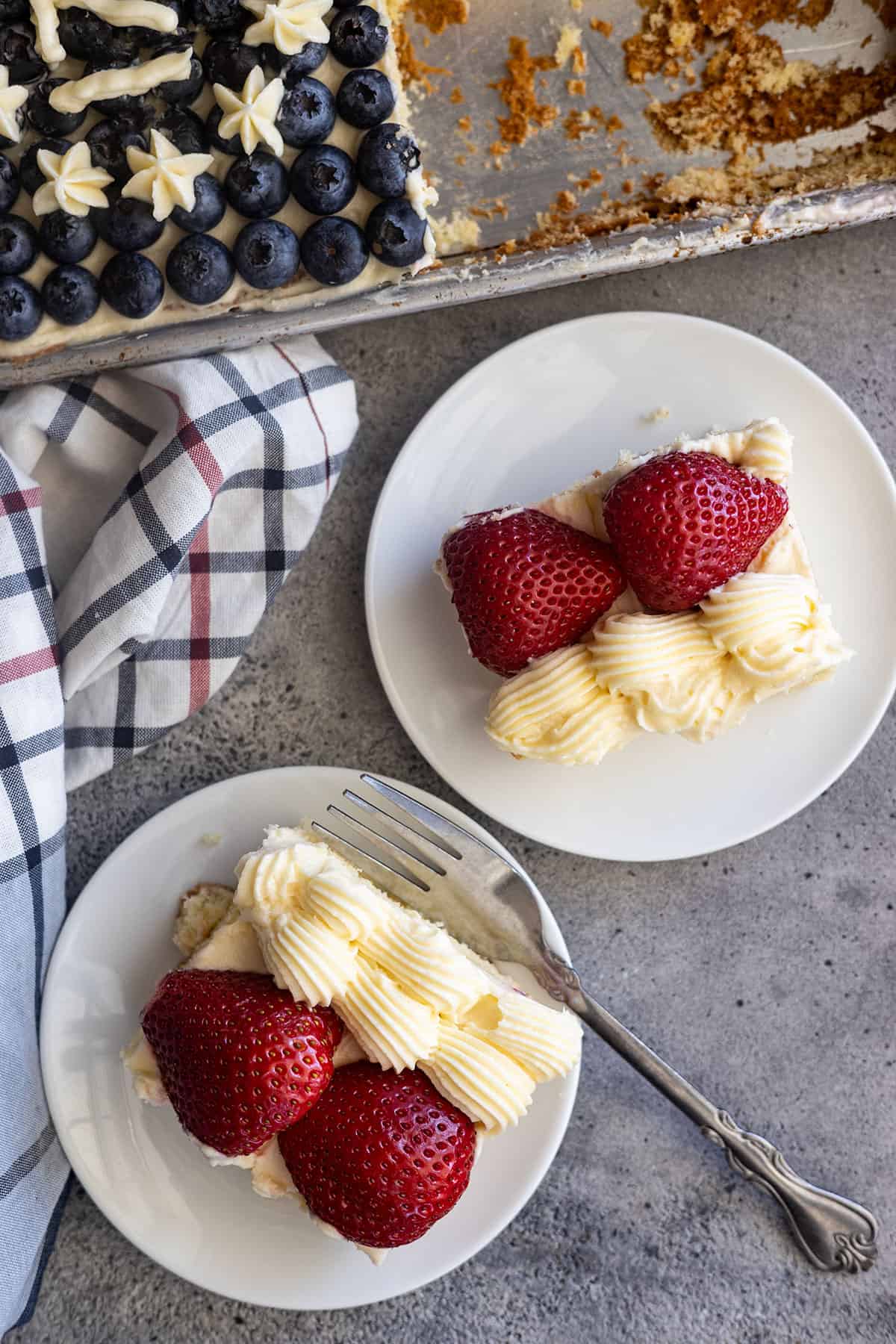 Overhead view of pieces of cake on a plate.