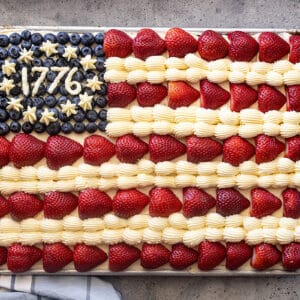 Overhead view of American flag cake completely decorated.