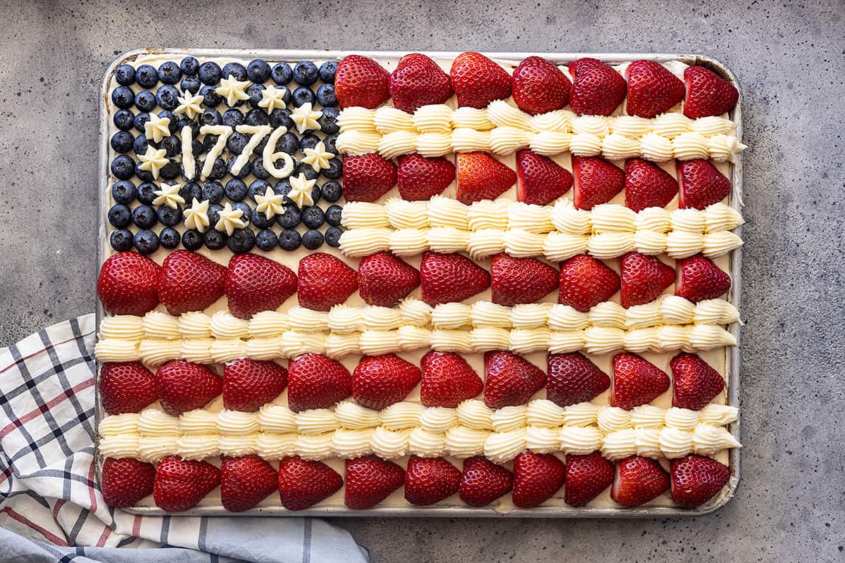 Overhead view of American flag cake completely decorated.