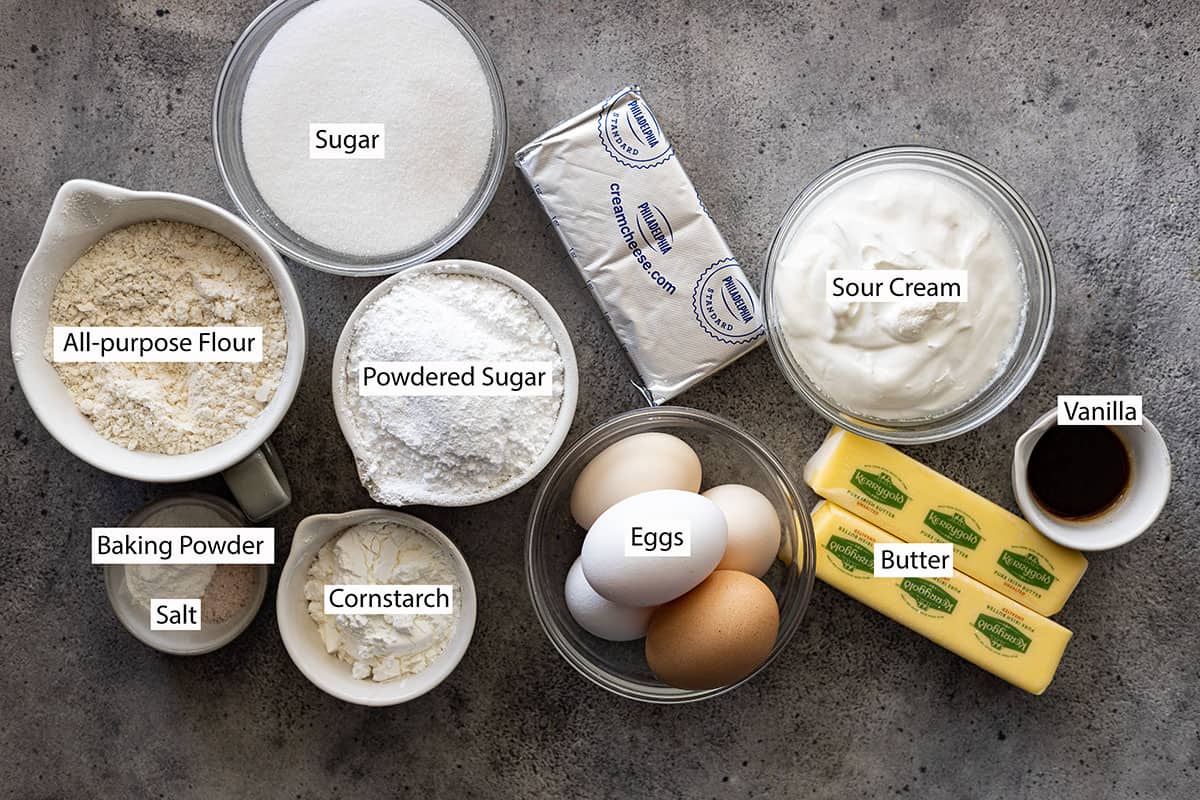 Ingredients: Flour, sugar, cream cheese, sour cream, baking powder, salt, cornstarch, powdered sugar, eggs, butter, vanilla.