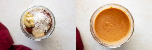Two pictures showing how to make fry sauce.
