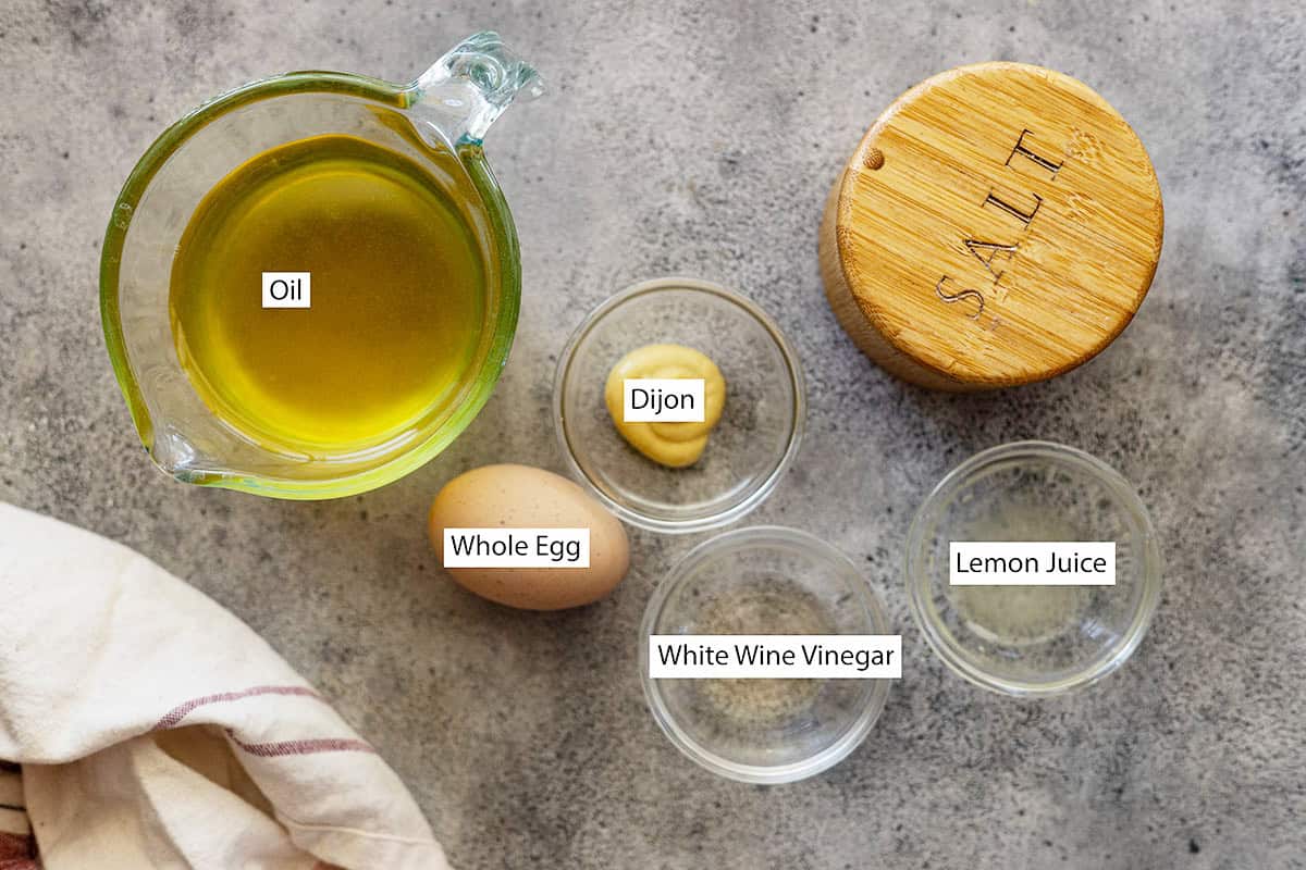 Ingredients: Oil, salt, whole egg, dijon, white wine vinegar, lemon juice.