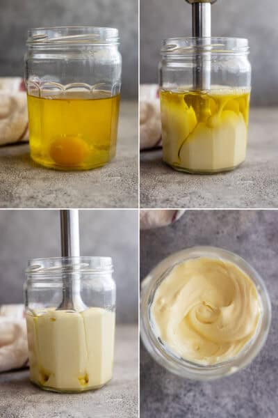 Four pictures showing how to make mayonnaise.
