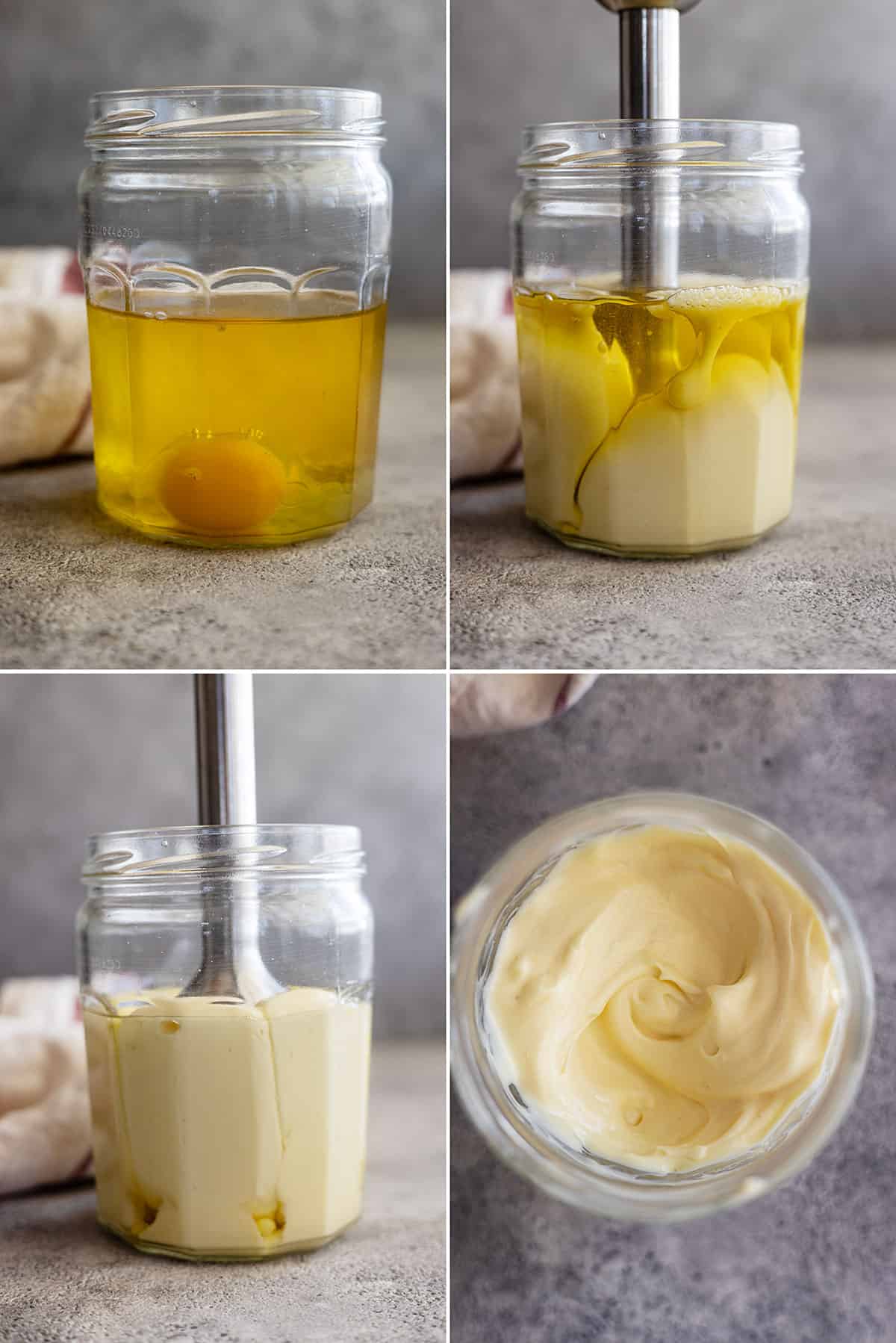 Four pictures showing how to make mayonnaise.