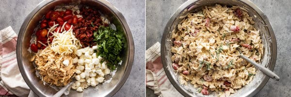 Two pictures showing how to mix up the salad.