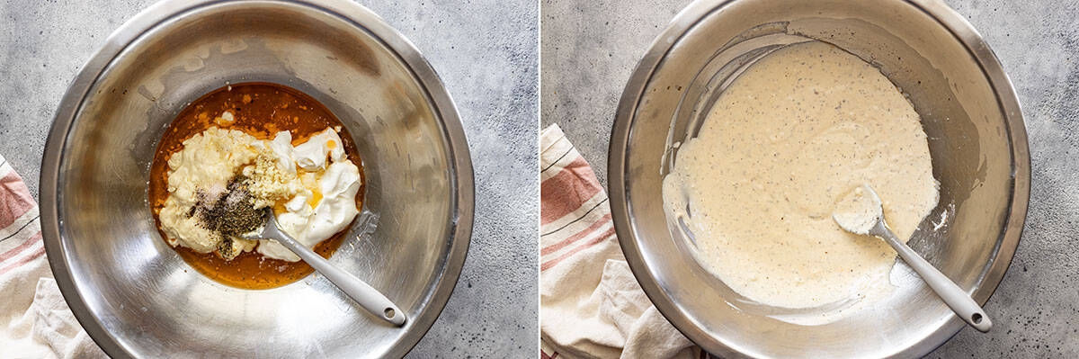 Two pictures showing how to mix the dressing.