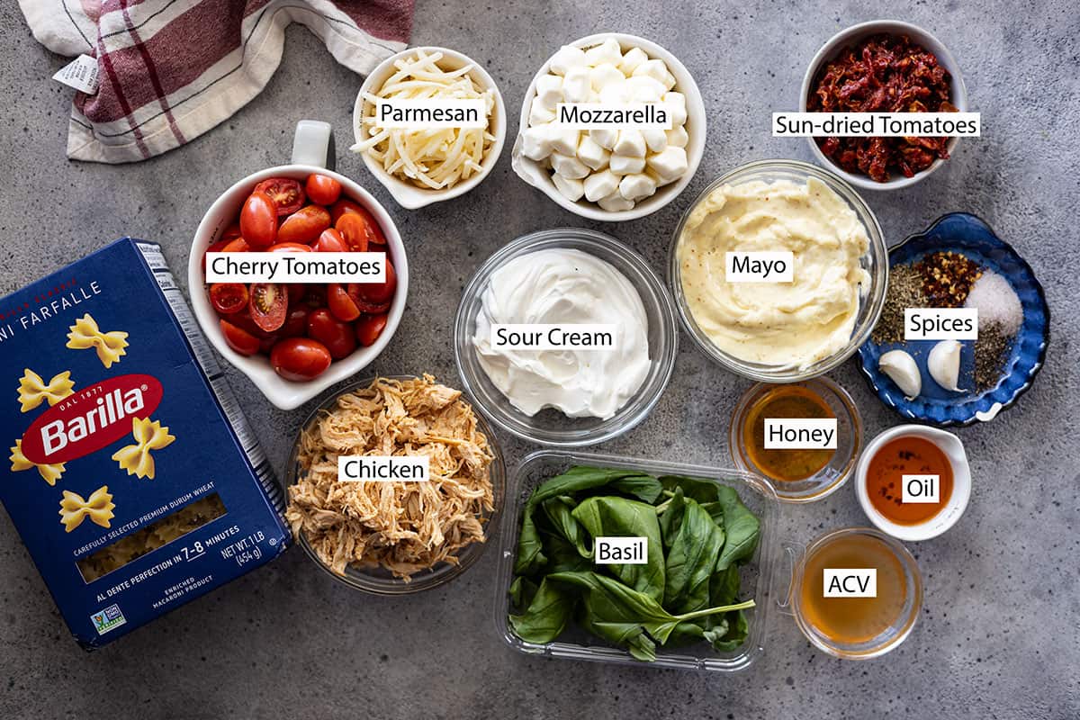 Ingredients: pasta, tomatoes, parmesan, mozzarella, sun-dried tomatoes, sour cream, mayo, chicken, basil, honey, apple cider vinegar, oil, and spices.