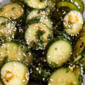 Close up of asian cucumber salad in a bowl.