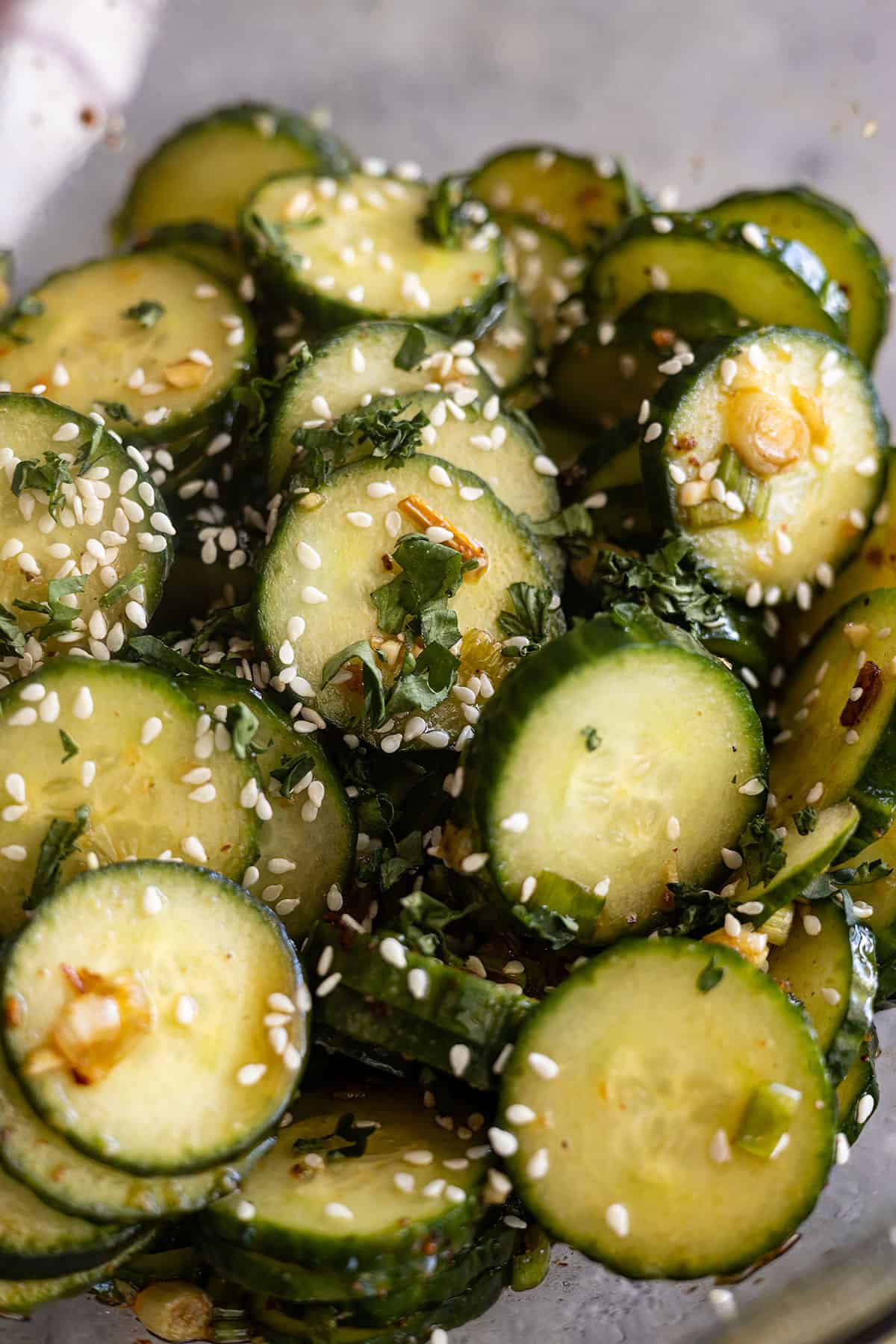 Close up of asian cucumber salad in a bowl.