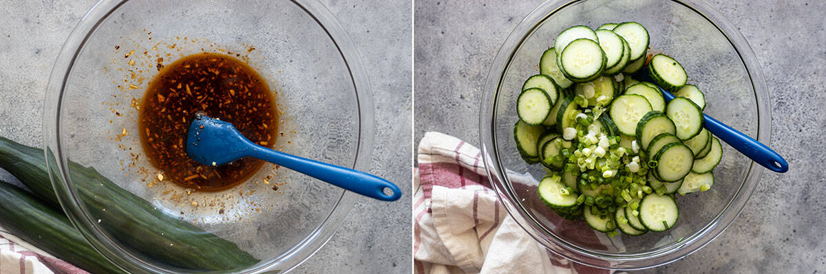Two pictures showing how to make the asian cucumber salad.