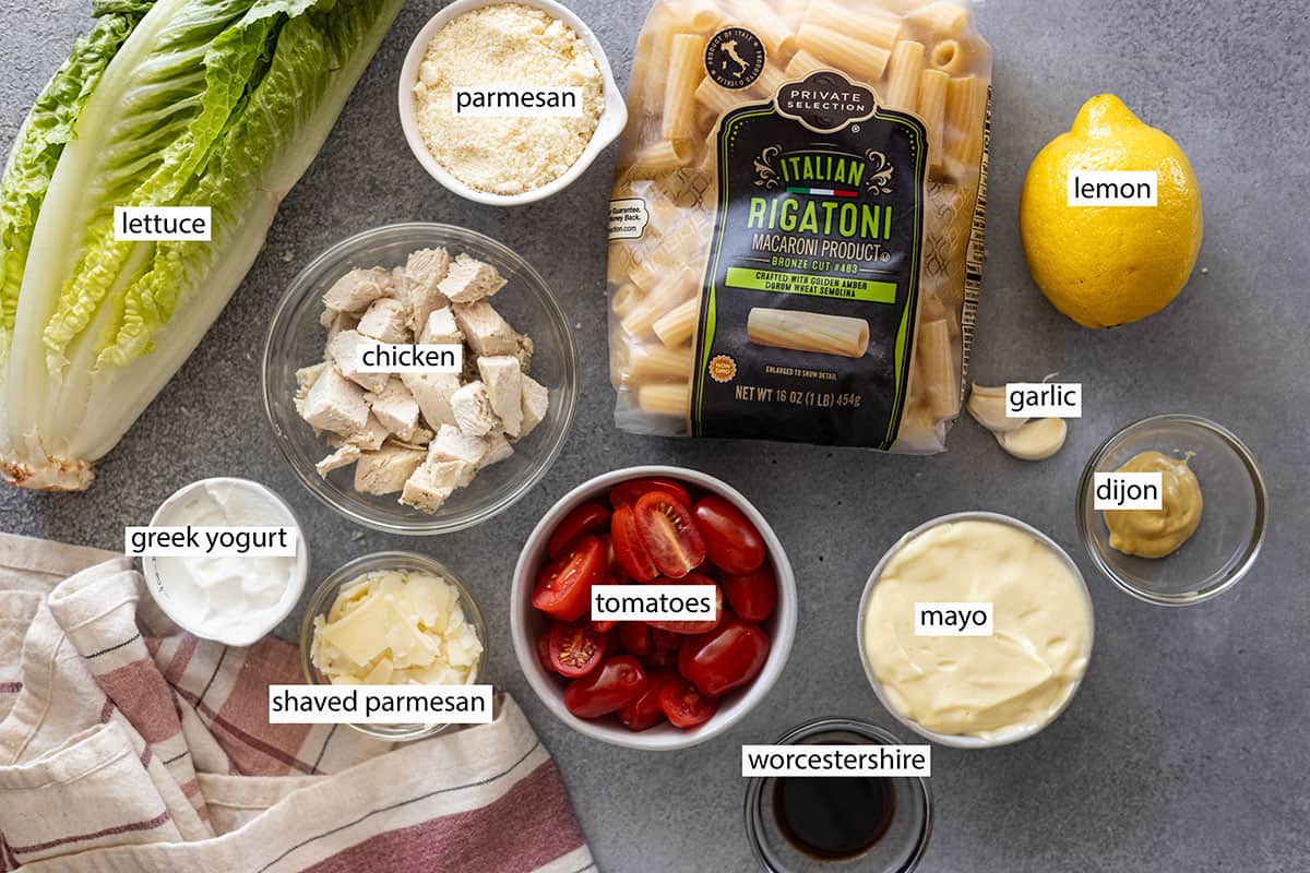 Ingredients: romaine, chicken, greek yogurt, parmesan, tomatoes, pasta, worcestershire, mayo, lemon, garlic, dijon, anchovy paste.