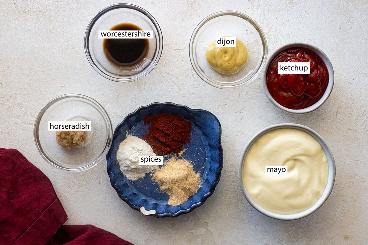Ingredients: mayo, spices, ketchup, horseradish, worcestershire, and dijon.