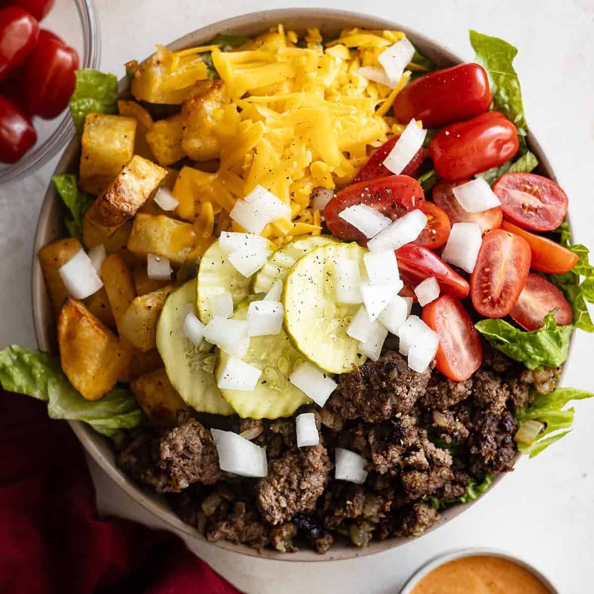 Overhead view of assembled burger bowl.