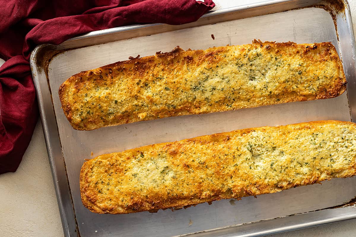 Garlic bread golden fresh from the oven.