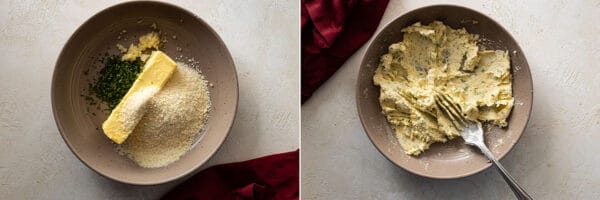 Two pictures showing how to make the garlic butter.