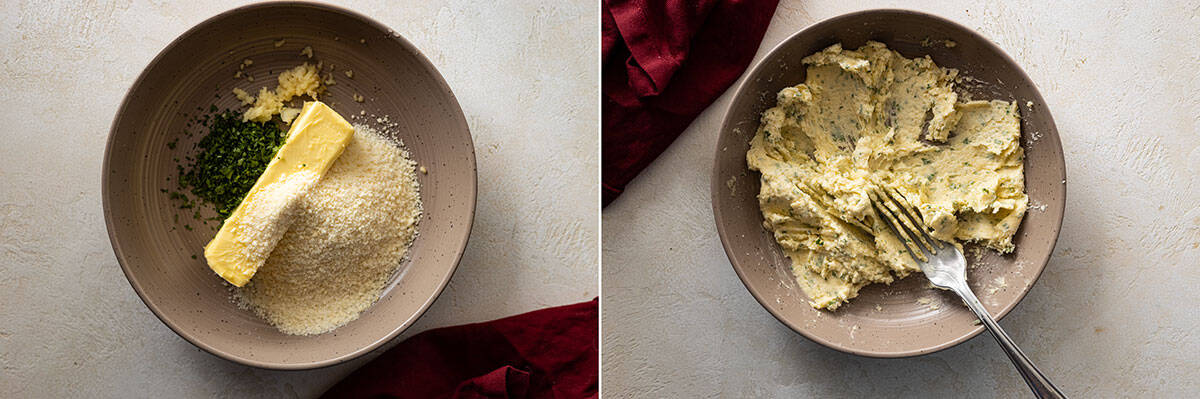 Two pictures showing how to make the garlic butter.