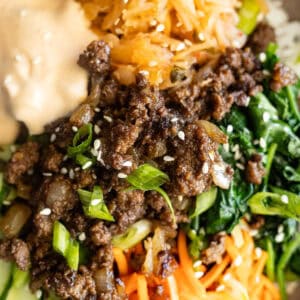 Close up of korean ground beef bowls.