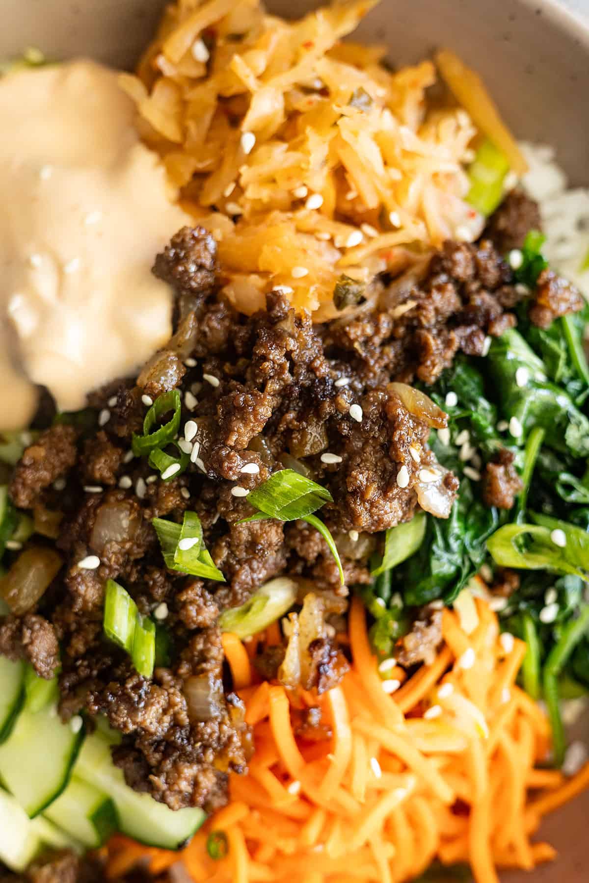 Close up of korean ground beef bowls.